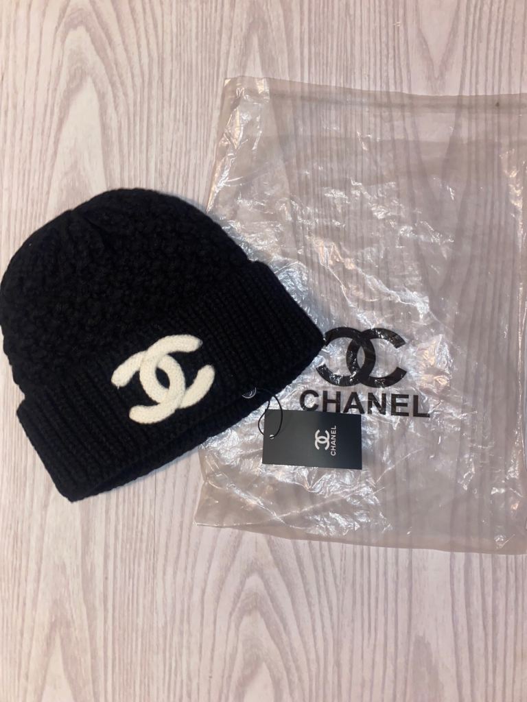 Unworn Black Chanel Beanie with White Logo —  As Good As New
