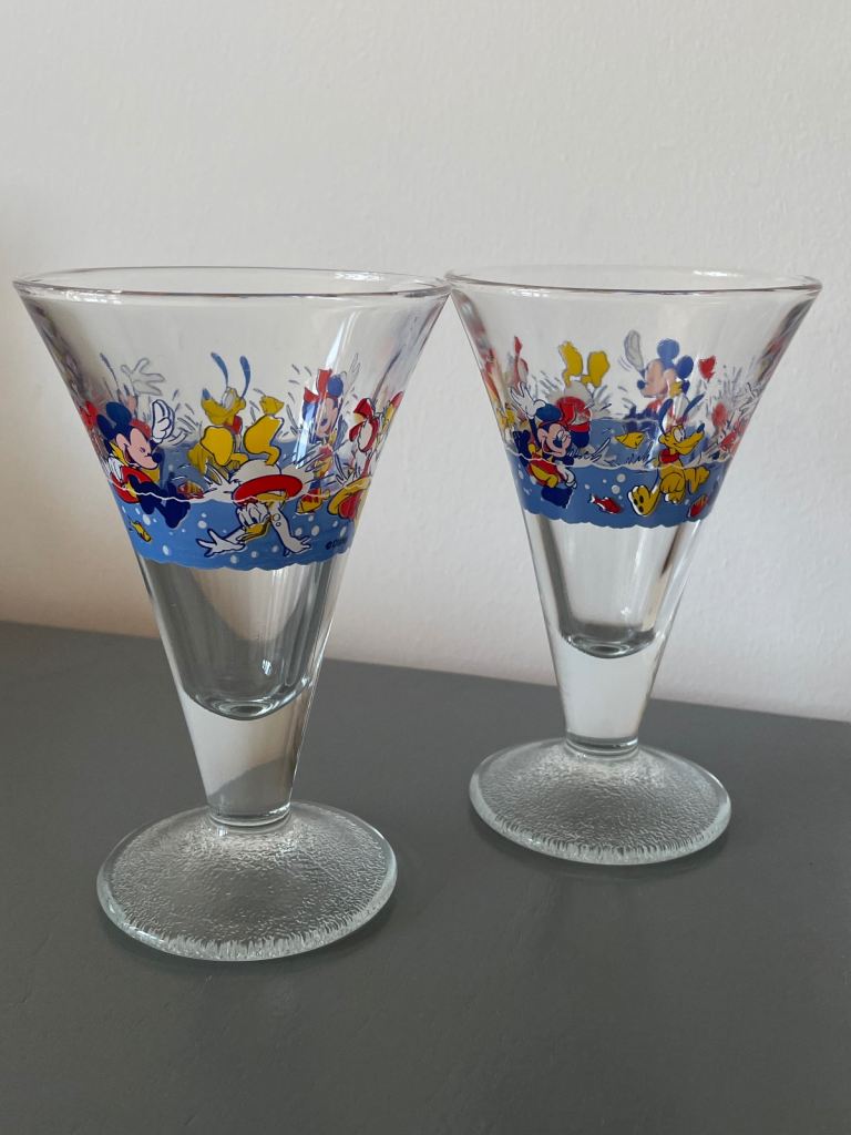 Vintage Disney Ice Cream Sundae Glasses X2  Mickey Mouse Goofy Donald Duck Daisy