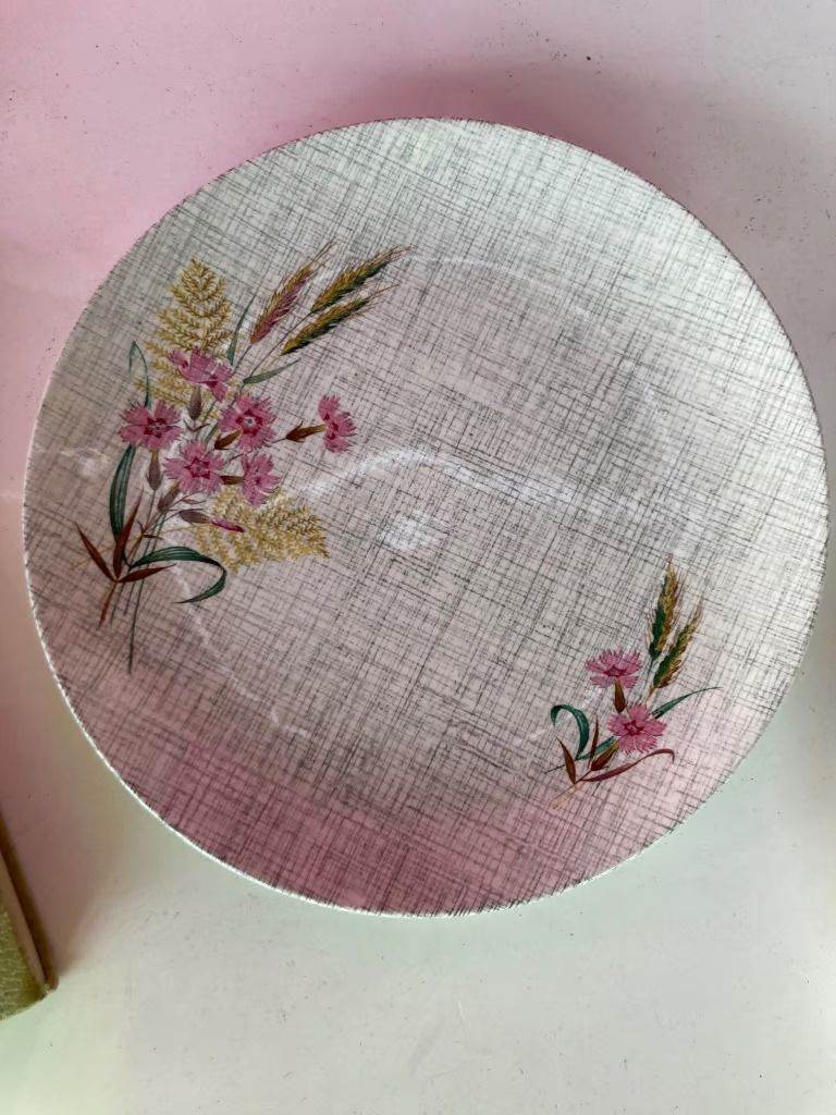 6 Vintage Meakin China Side Plates - (inc two 1950s Sol Pink Carnation Plates)