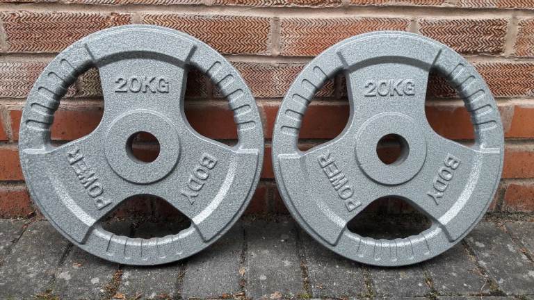 2 x 20KG CAST IRON TRI GRIP BODY POWER OLYMPIC WEIGHTS PLATES - 2 Inch Holes