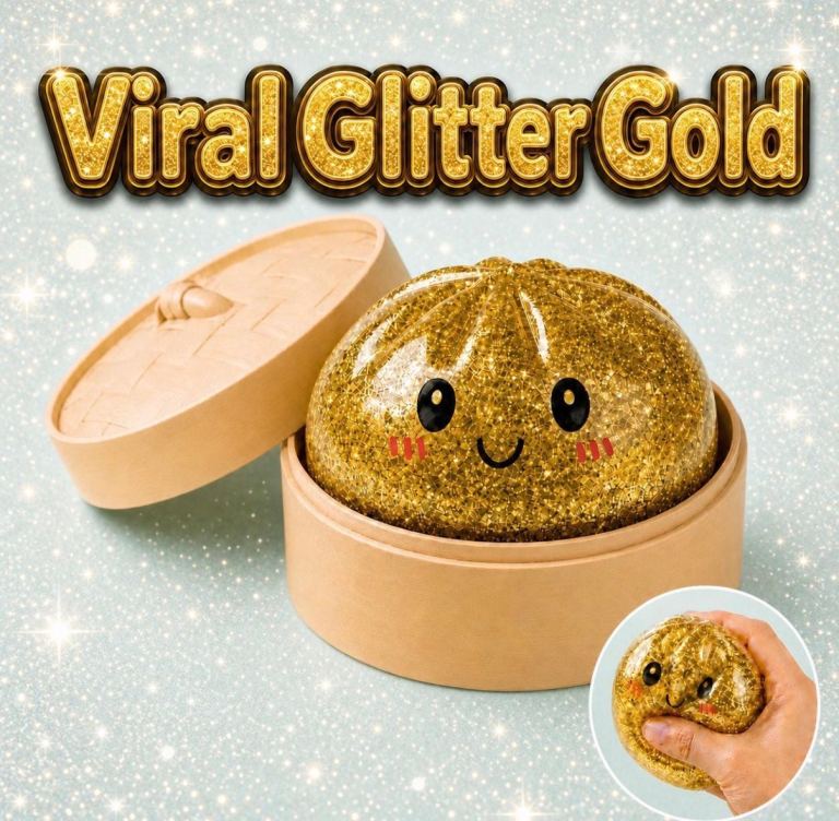 New Viral Glitter Gold Squishy Toy in Dim Sum Box
