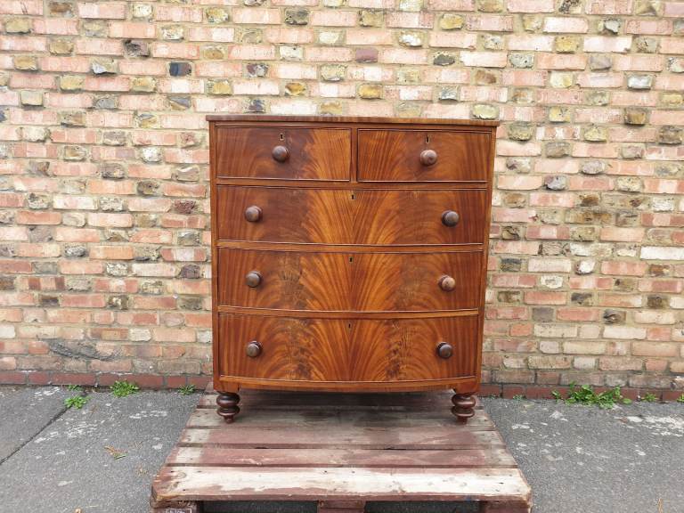 Antique Mahogany Wood Bow Front Large Chest Of Drawers Commode 1840*s