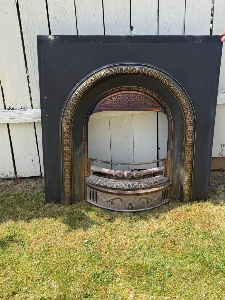Cast Iron Fireplace Insert with Grate – Black and Gold, Good Condition