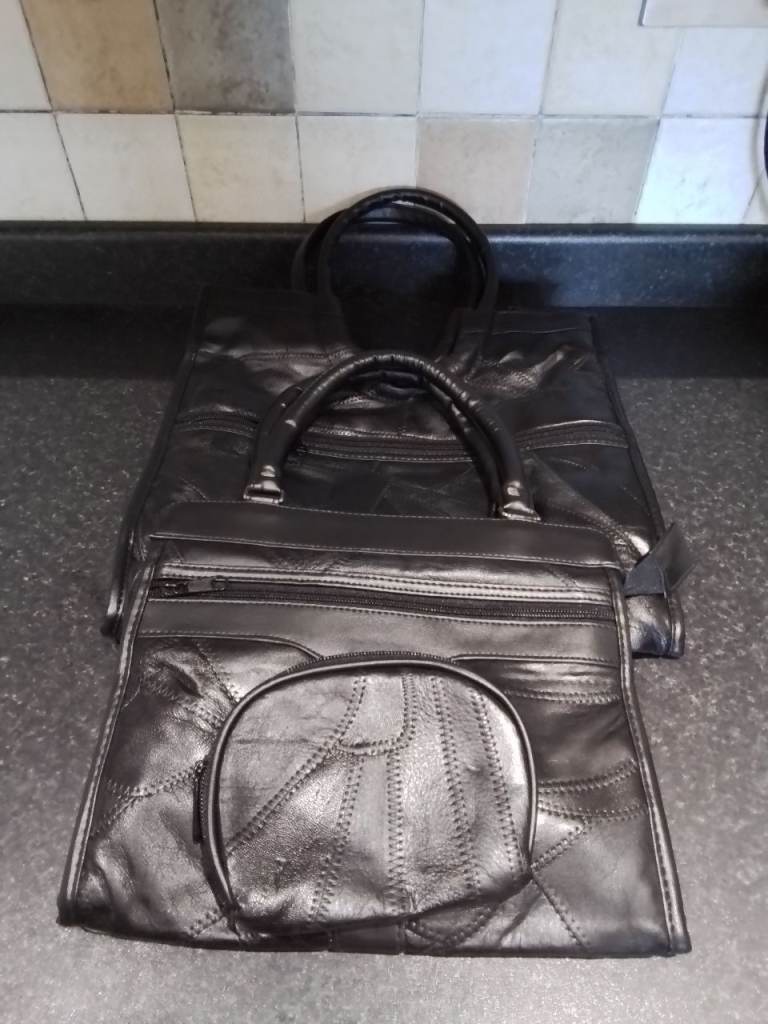 image for Black 3 piece leather shopping bag, hand bag and purse.