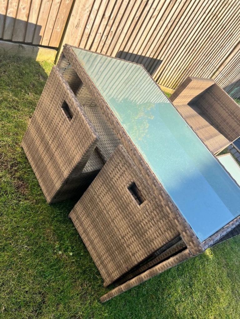 Brown Rattan Garden Furniture Set with Glass Top Table