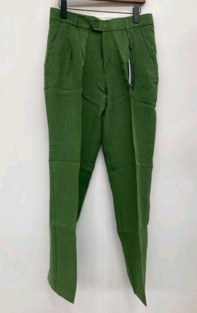 PERCIVAL Forest Green Pleated Tailored Linen Trousers  SIZE: 30R 