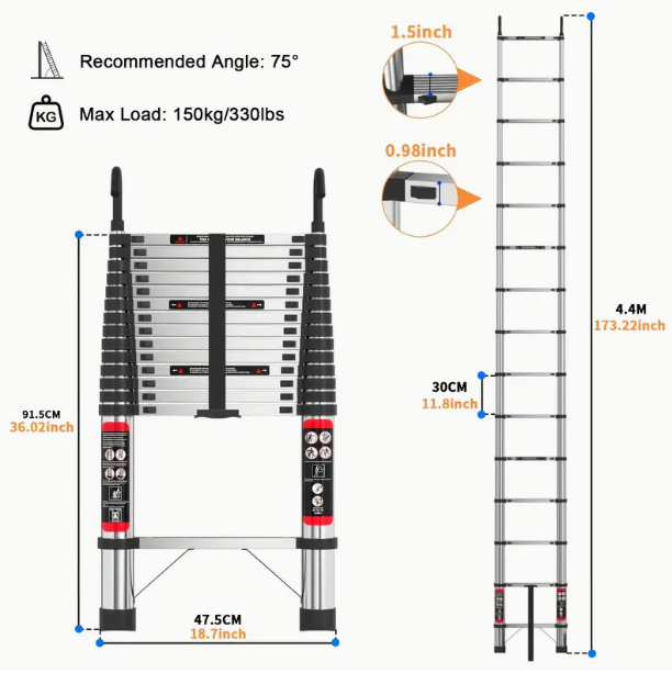 image for Heavy Duty Stainless Steel Telescoping Ladder 4.42meter with Hooks – 149KG, EN131