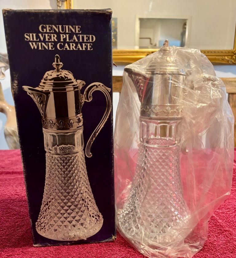 Vintage Silver Plated Crystal Wine Carafe Decanter Jug Boxed New Old Stock