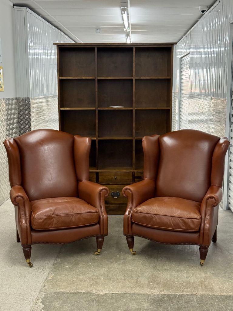 Laura Ashley pair of southwold leather armchairs wingback chairs caramel leather 