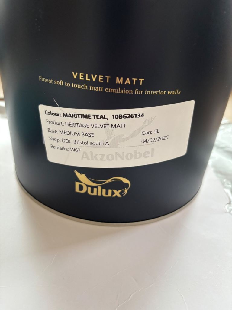 Dulux Heritage Velvet Matt emulsion in Maritime Teal part used paint