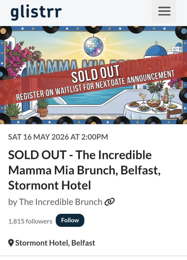 Mamma Mia Brunch, Stormont hotel tickets x4