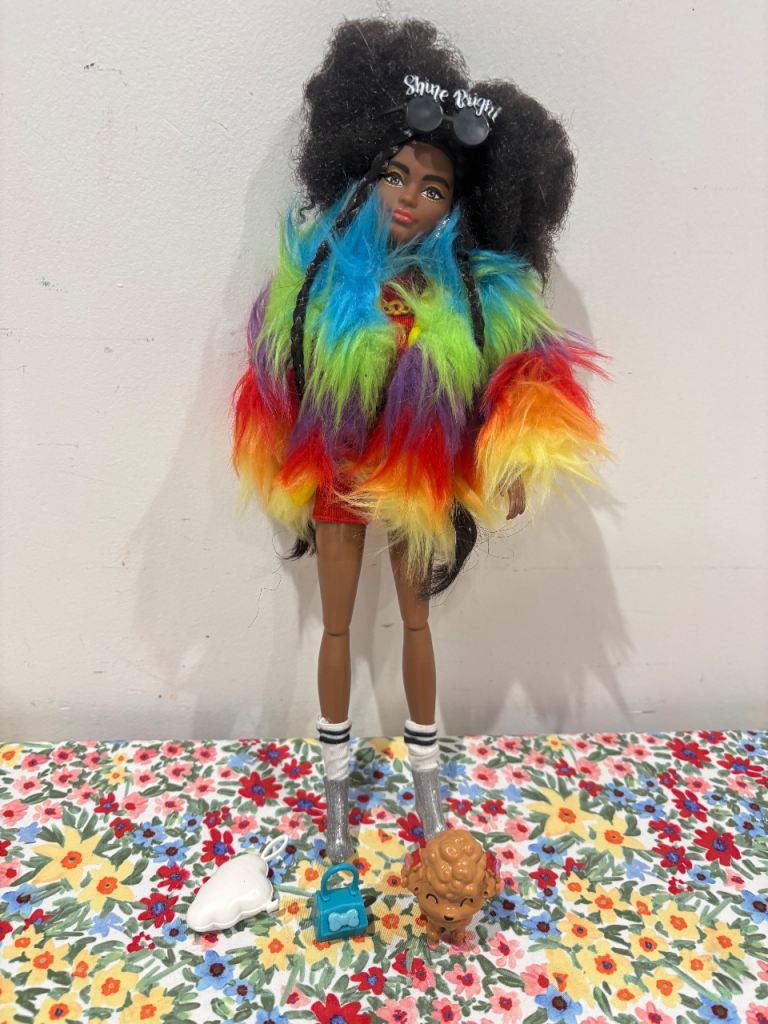 Barbie Doll and Accessories, Fashion Doll with Afro-Puffs and Shaggy Rainbow Coat, Pet Poodle