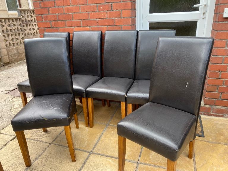 Set of 6 Brown Faux Leather Dining Chairs with Wooden Legs