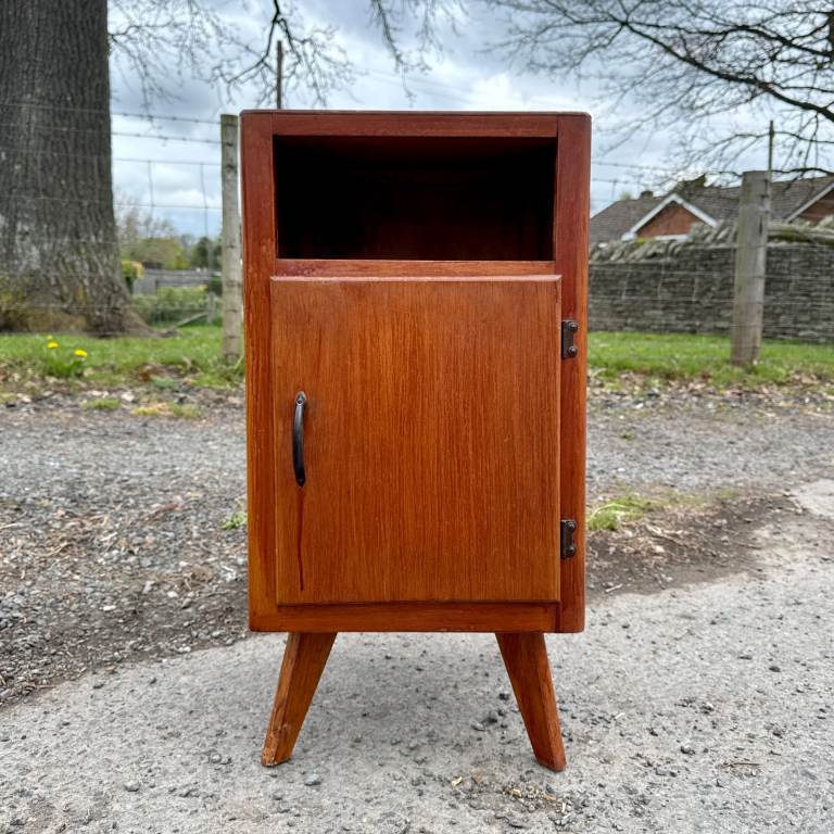 Vintage Plywood Bedside Table Mid-Century Stained Single Cupboard Cabinet