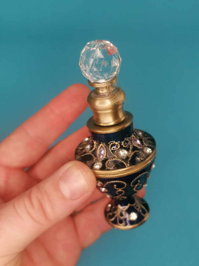 4-inch Vintage Enamel Glass and Crystals Perfume Scent Dressing Table Bottle.