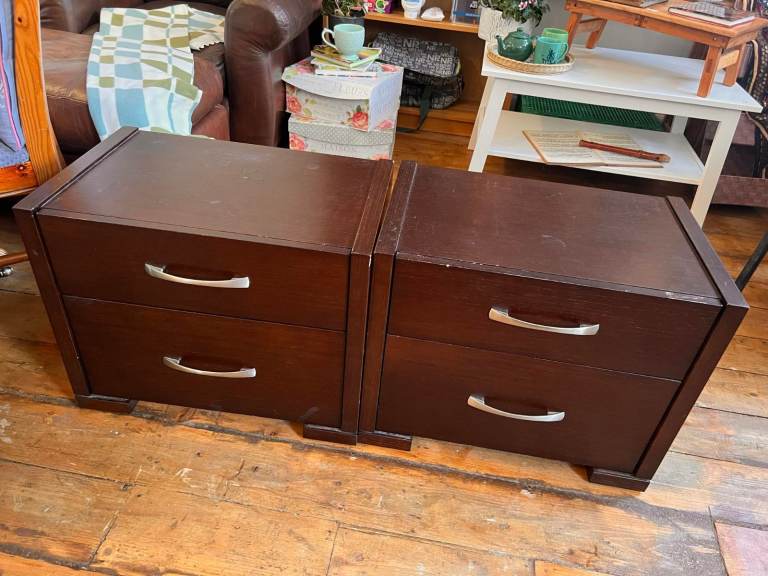 image for 2 Small Brown Wooden Chest of Drawers Storage Boxes with Handles