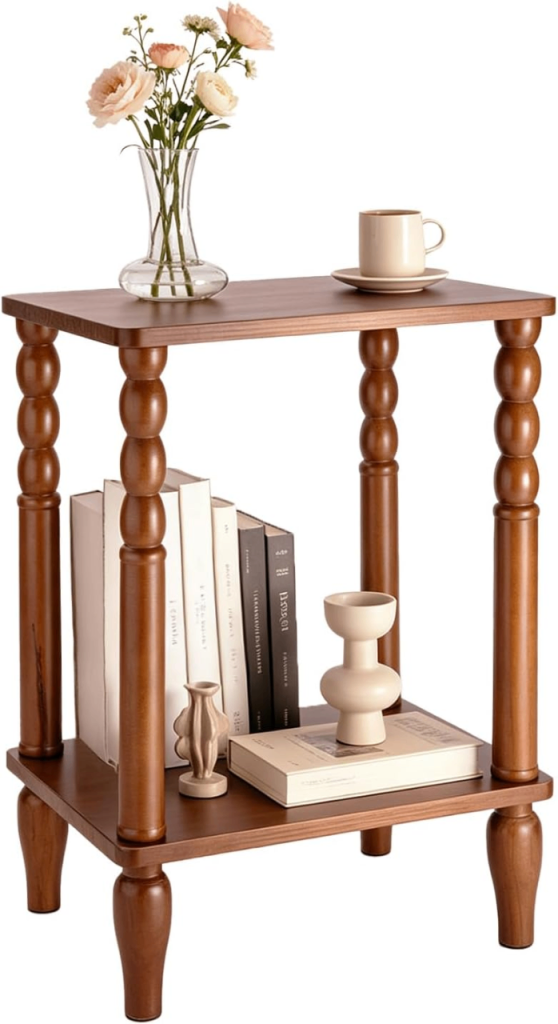 Solid Wood End Table with Storage Shelf, 2-Tier with Elegant Spindle Legs