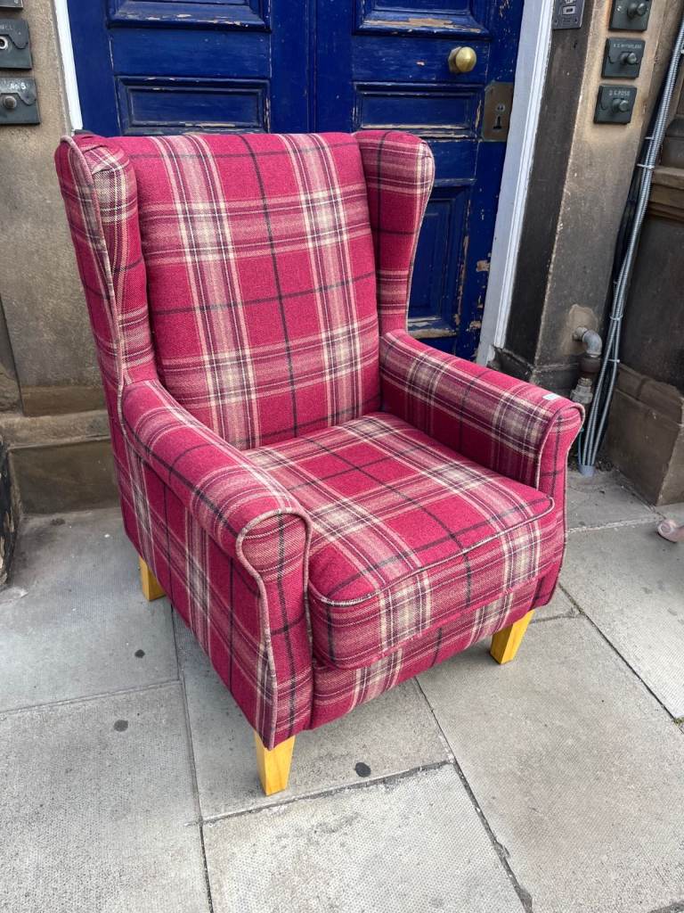 Red Plaid Wingback Armchair – Good Condition