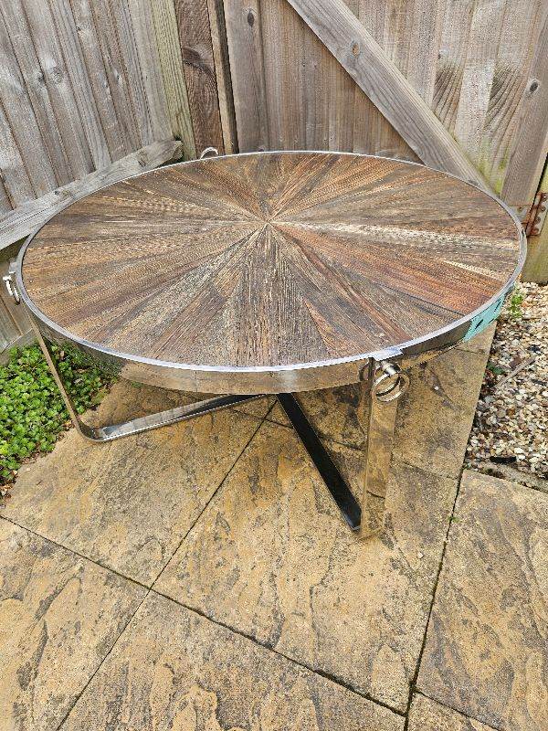 Orsina Mitra Modern Chrome & Elm Wood Coffee Table Reclaimed Wood Sunburst Style