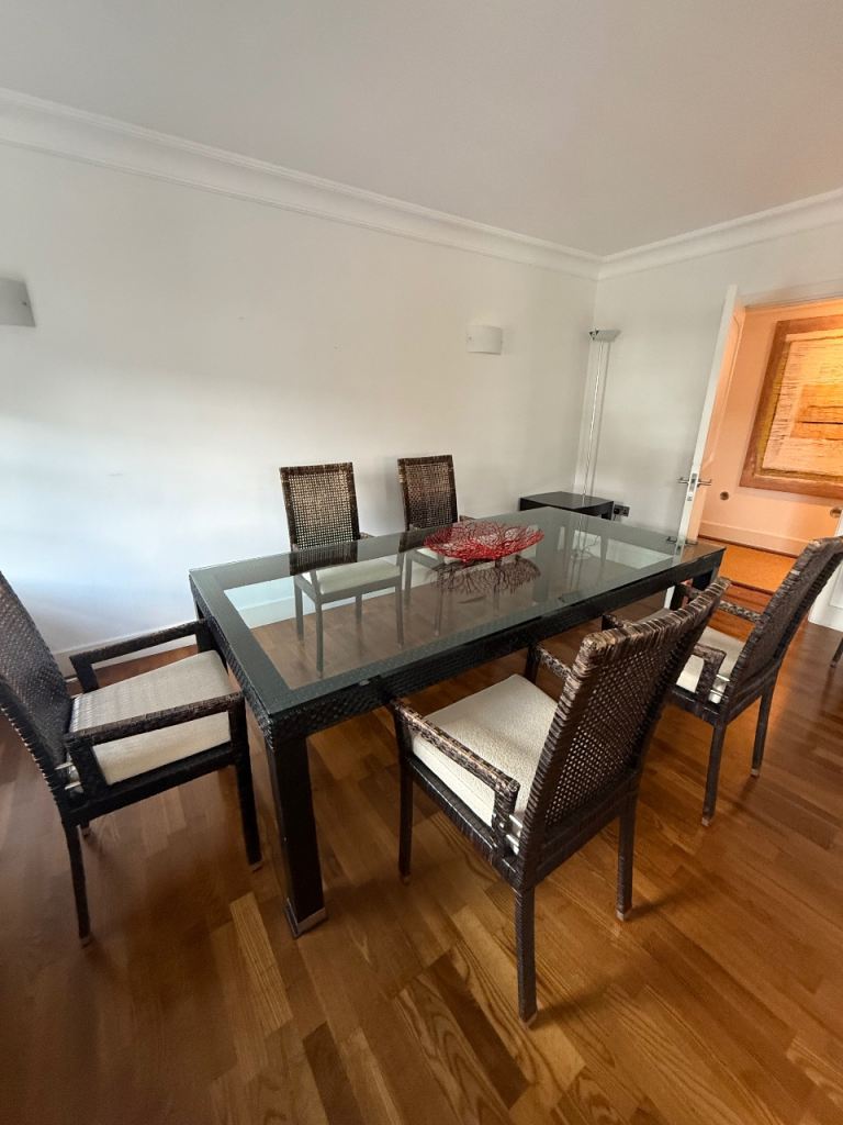 Designer Woven Rattan & Glass Dining Table + 6 Chairs