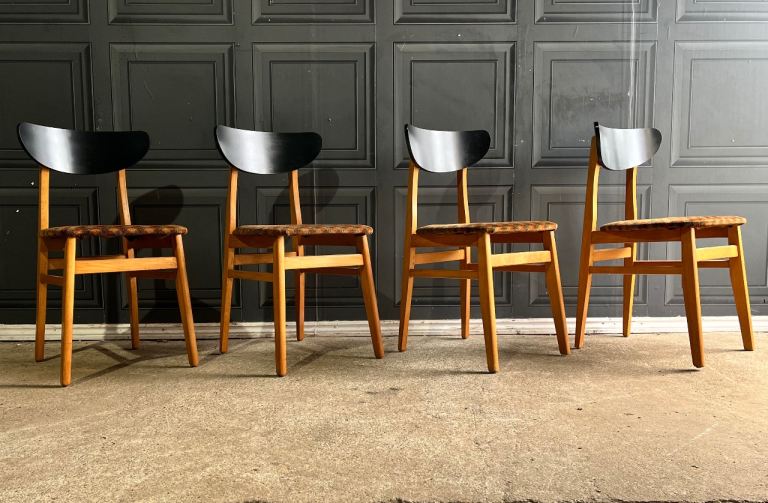 Set of 4 Vintage Mid 20th Century Beech Wood Danish Dining chairs 60s 70s
