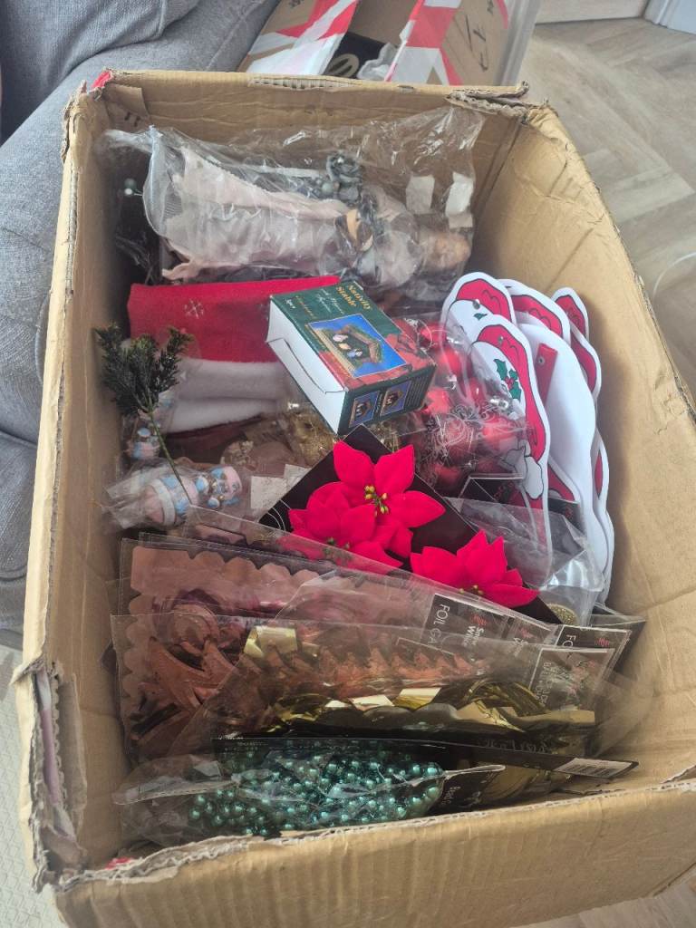 2 big boxes of new Christmas stock, some vintage or vintage looking but majority modern.