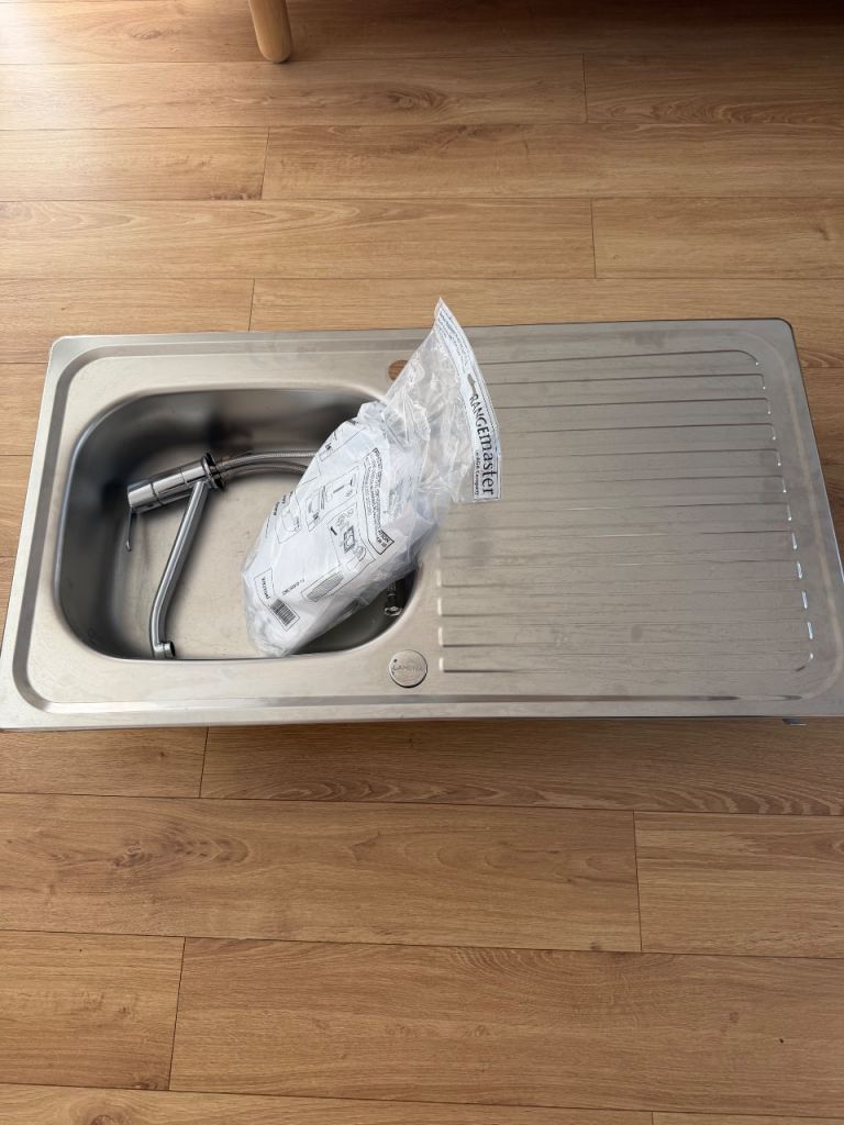 Kitchen sink, plus mixer tap and interconnecting pipework