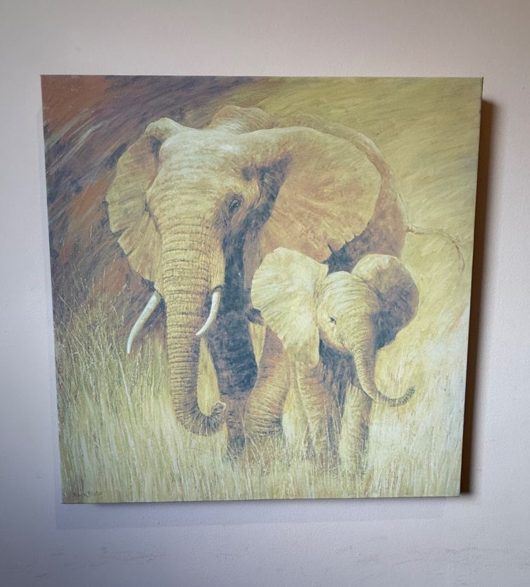 Beautiful elephant canvas picture of a mother and baby.
