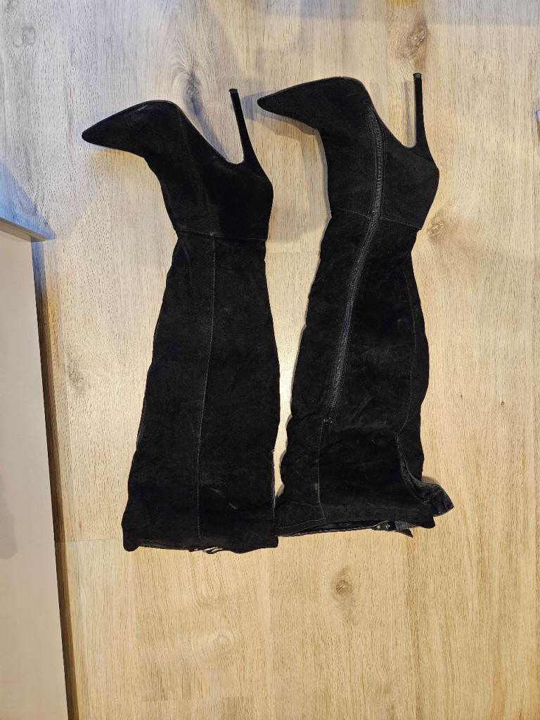 Black Suede Over-the-Knee High Heel Boots – Size UK 5 / EU 38 – £15