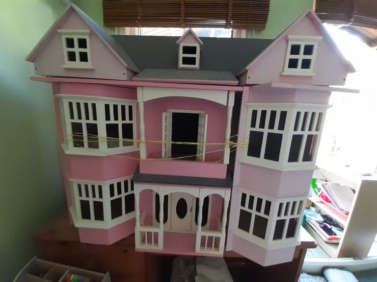 Large Pink Wooden Dolls House – Good Condition