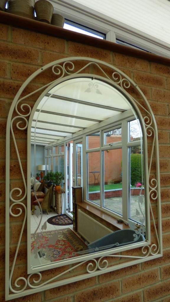 Large Vintage Retro Etched 1950s Arch Top Wrought Iron Scroll Wall Mirror 92 cm