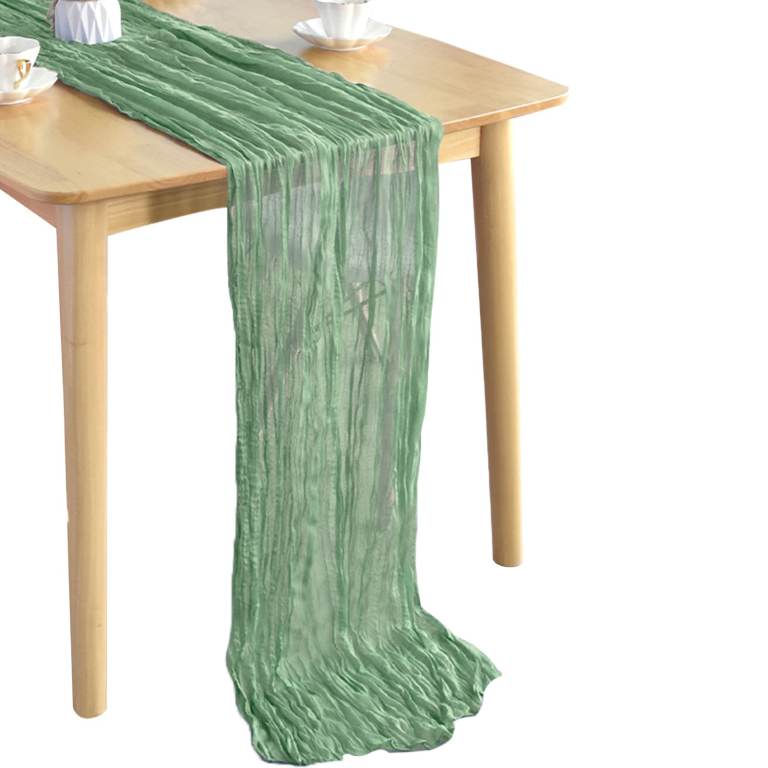 Sage Green Cheesecloth Table Runner Polyester Gauze Crinkle Fabric, Rustic Sheer Dining Table Decor