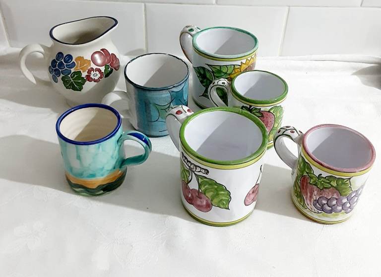 Unique Collection Of Assorted Hand Painted Mugs & Jug, Fruit & Floral Designs x7 (Brio Blue Tub)