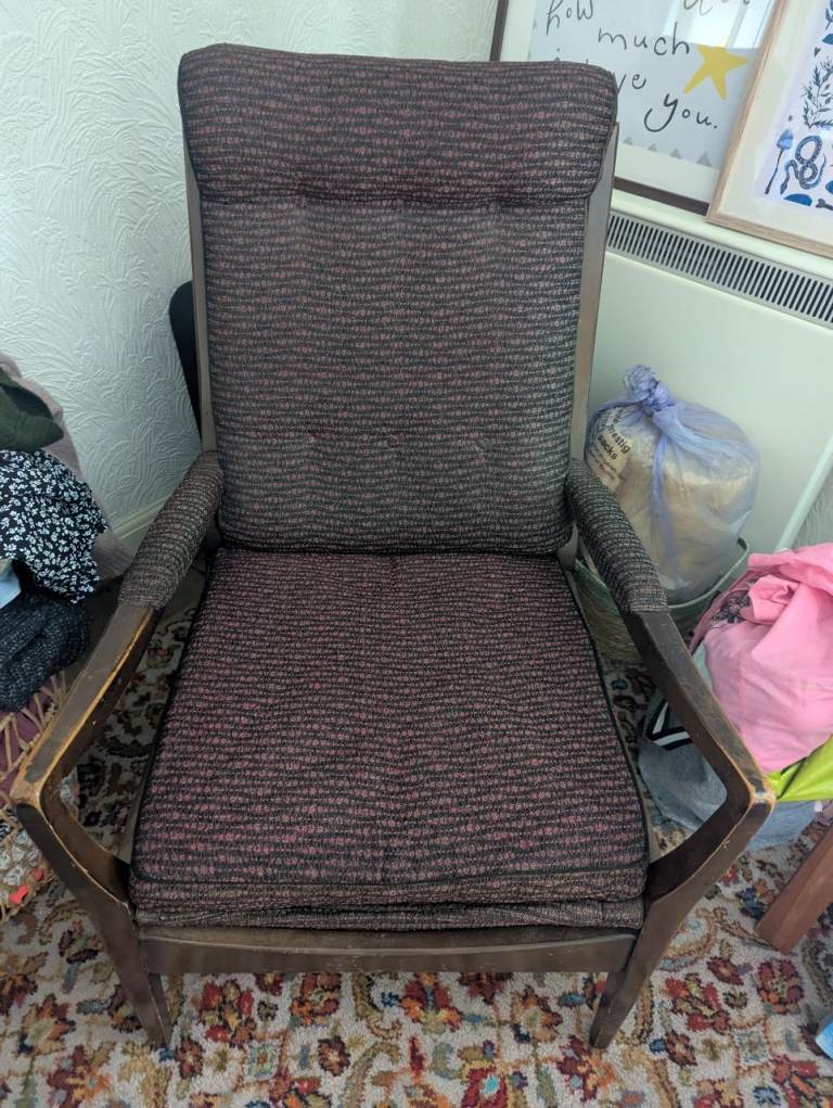Vintage Wooden Armchair with Fabric Cushion – Brown