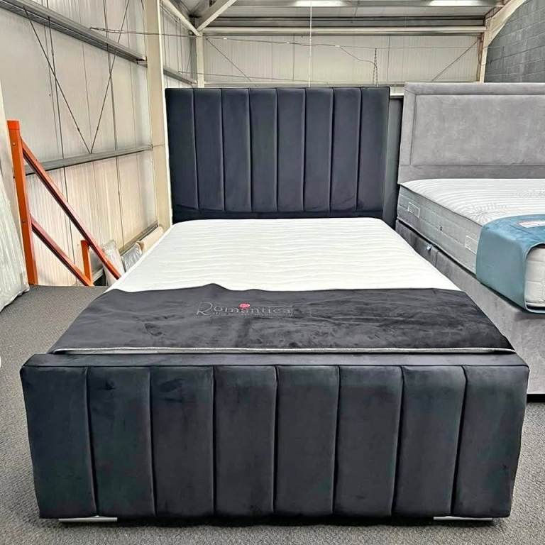 Double New Florence Bed Frame Grey Panel Line Headboard = Slats Wooden Bed Frame Order Now = =