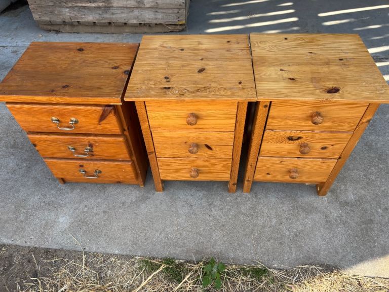 Set of 3 Wooden Bedside Tables with Drawers – Good Condition