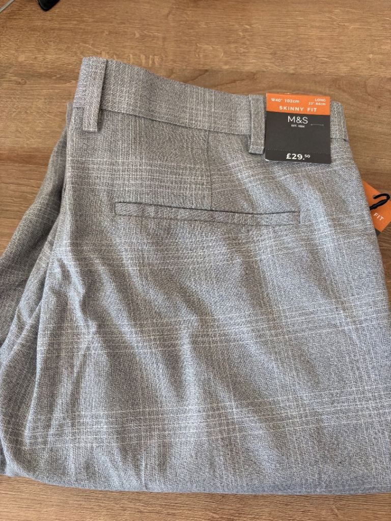 M&S Skinny Fit Grey Check Trousers W40 L33 – Brand New with Tags