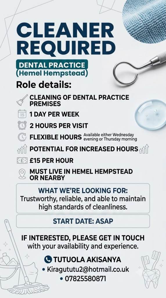 Office cleaner needed £15phr Wednesday 