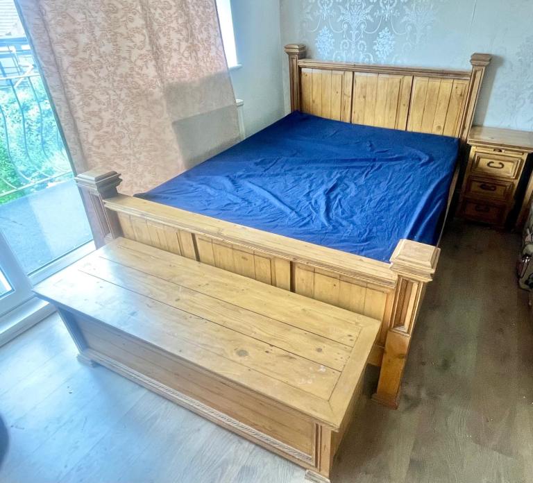 Solid Pine king Bed Frame with Matching Storage Chest and Bedside Tables