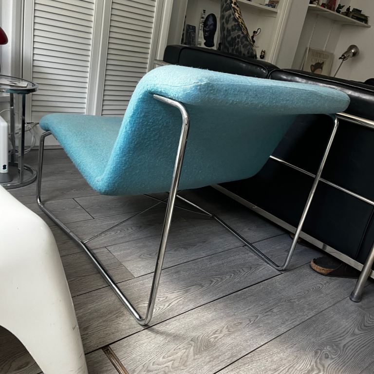 Used, vtg - light blue MCM fabric & chrome chair
