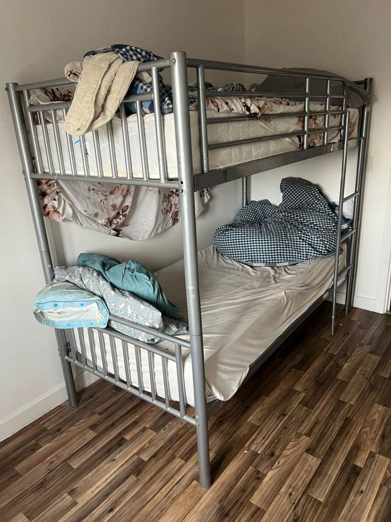 Grey Metal Bunk Beds with Mattresses – Good Condition