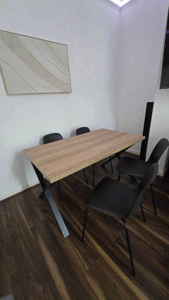 Modern Wooden Dining Table with Black Metal Legs and 4 Chairs