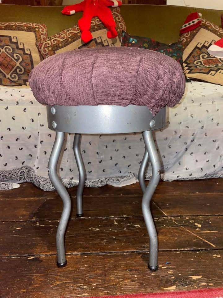 2x Vintage silver seat/stool with purple corduroy cushions - Height: 21 inches  Width: 13 inches