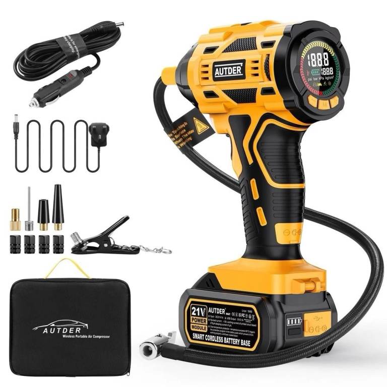 AUTDER Tyre Inflator Cordless Air Compressor, 21V Battery and 12V DC Cable