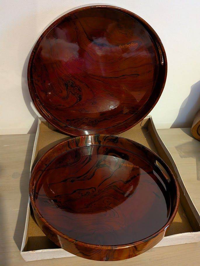 Pair of Boxed Vintage Turbofee Round Deep Rimmed Lacquered Gallery Serving Trays.