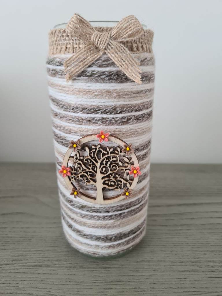 Decorative Yarn-Wrapped Glass Vase with Tree of Life Detail