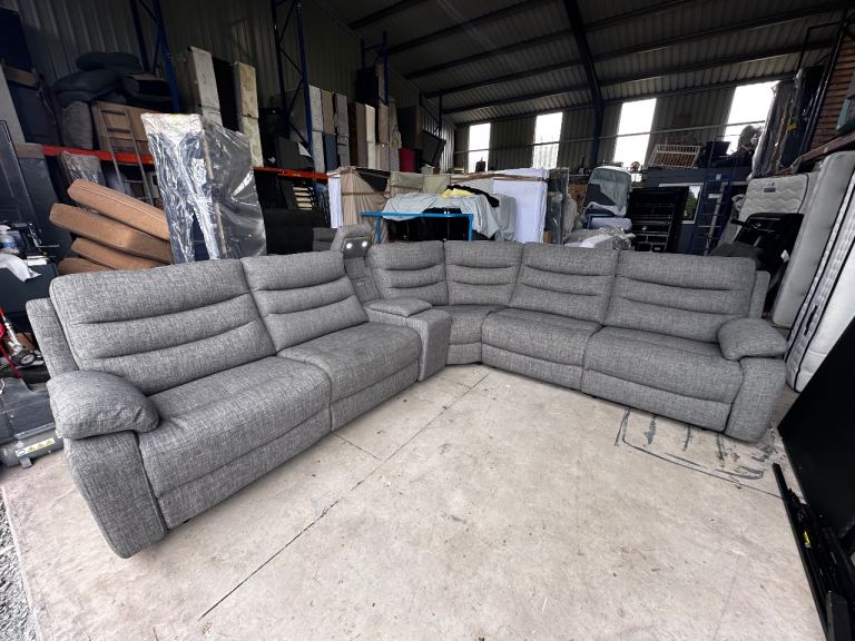 Large green Fabric Corner Sofa with Recliner and Console