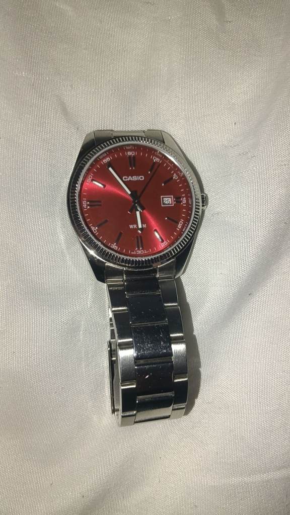Casio Silver Watch with Red Dial – Good Condition