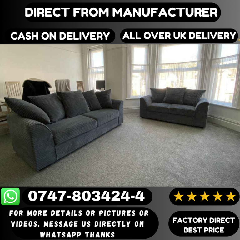 Brand New Grey Corduroy Sofa Set – 3 Seater and 2 Seater
