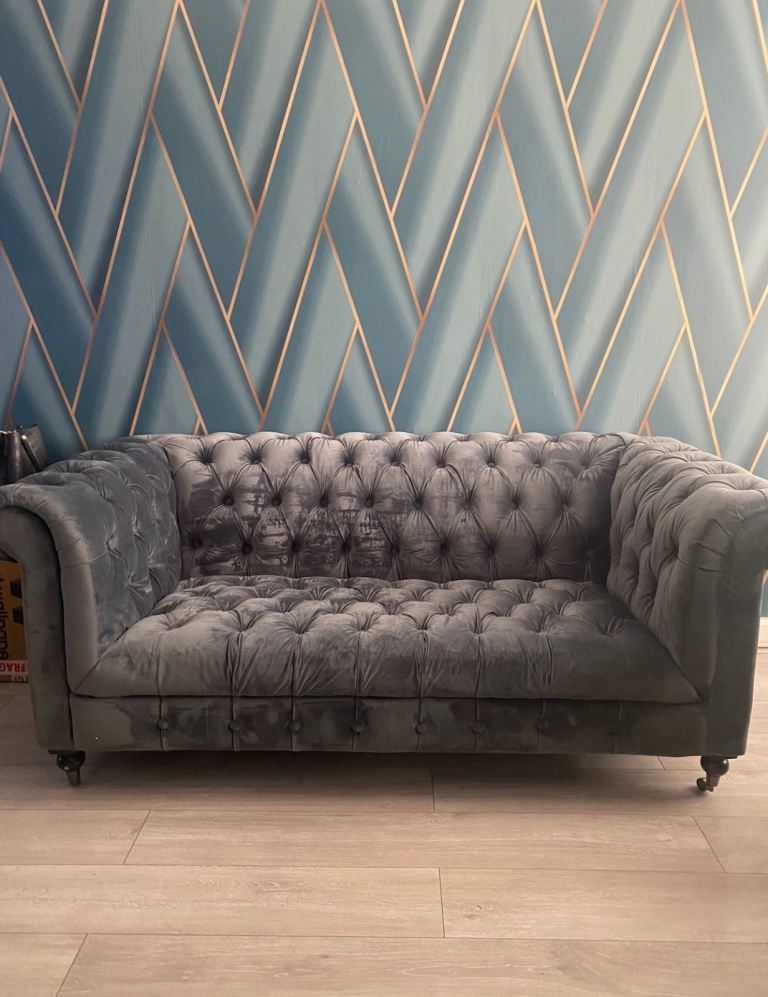 Velvet Chesterfield Sofa x 2  Good Condition